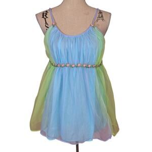 60s Vintage Sheer Babydoll Top Blue and Green Small